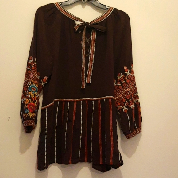Johnny Was Silk Brown Embroidered Blouse Size S - Picture 2 of 7